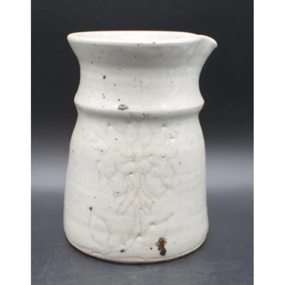Vintage Studio Pottery Cream Glazed Pitcher Floral Relief Signed Mossner Ware 6